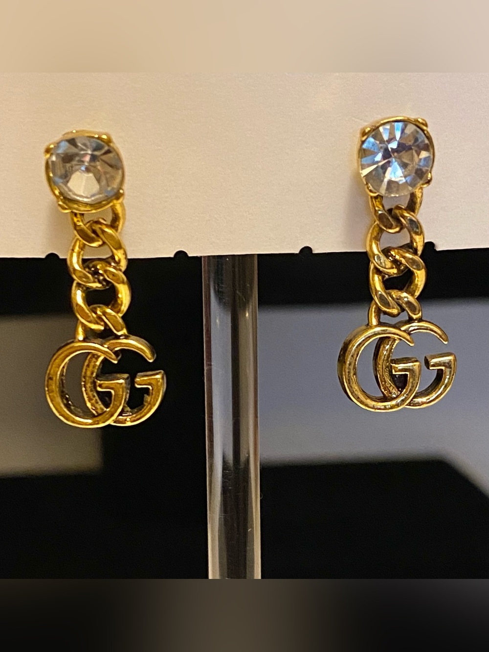 Fashion Jewelry Gold Plated G-G-Luxury Drop Earrings with Clear Crystal Studs